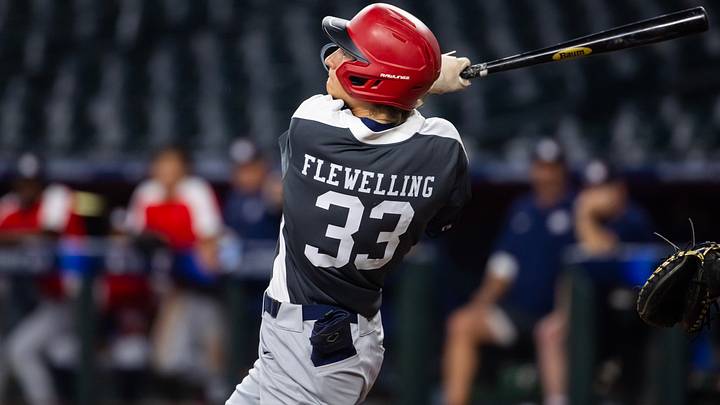 Jun 18, 2024; Phoenix, AZ, USA; Ecole Secondaire Notre Dame High School catcher Nathan Flewelling during the MLB Draft Combine at Chase Field. Mandatory Credit: Mark J. Rebilas-USA TODAY Sports Jun 18, 2024; Phoenix, AZ, USA; Ecole Secondaire Notre Dame High School catcher Nathan Flewelling during the MLB Draft Combine at Chase Field. Mandatory Credit: Mark J. Rebilas-USA TODAY Sports
