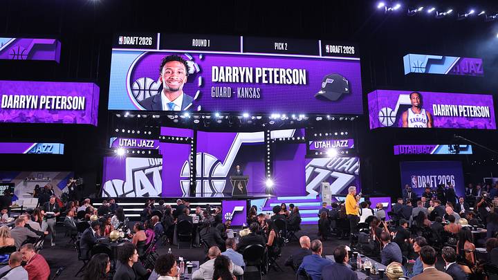Jun 23, 2026; New York, NY, USA; NBA commissioner Adam Silver announces the second pick in the 2026 NBA draft, Kansas guard Darryn Peterson after he was selected by the Utah Jazz at Barclays Center. Jun 23, 2026; New York, NY, USA; NBA commissioner Adam Silver announces the second pick in the 2026 NBA draft, Kansas guard Darryn Peterson after he was selected by the Utah Jazz at Barclays Center.