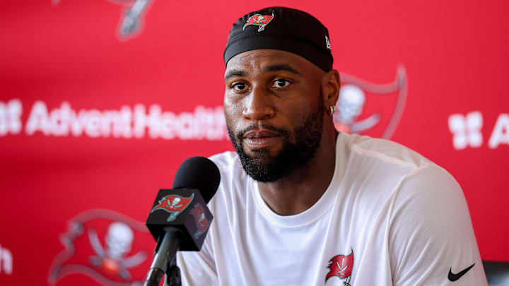 Aug 1, 2025; Tampa, FL, USA; Tampa Bay Buccaneers linebacker Haason Reddick (5) talks to media after training camp at AdventHealth Training Center. Mandatory Credit: Nathan Ray Seebeck-Imagn Images
