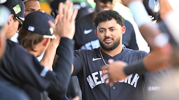 Mar 10, 2026; Clearwater, Florida, USA; New York Yankees left fielder Jasson Dominguez (24) celebrates after hitting a solo home run in the first inning against the Philadelphia Phillies during spring training at BayCare Ballpark. Mandatory Credit: Jonathan Dyer-Imagn Images