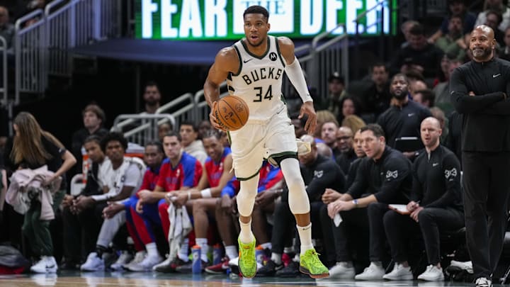 Nov 13, 2024; Milwaukee, Wisconsin, USA;  Milwaukee Bucks forward Giannis Antetokounmpo (34) during the game against the Detroit Pistons at Fiserv Forum. Mandatory Credit: Jeff Hanisch-Imagn Images