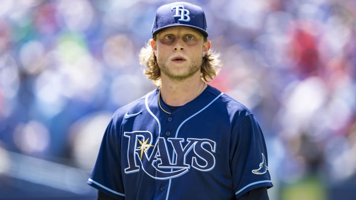 Tampa Bay Rays starting pitcher Shane Baz (11) looks on against the Toronto Blue Jays after the fourth inning at Rogers Centre in 2022.