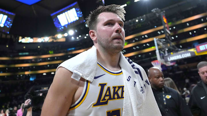 Mar 16, 2025; Los Angeles, California, USA; Los Angeles Lakers guard Luka Doncic (77) reacts after the game against the Phoenix Suns at Crypto.com Arena. Mandatory Credit: Kirby Lee-Imagn Images