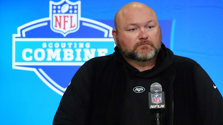 Feb 28, 2024; Indianapolis, IN, USA; New York Jets general manager Joe Douglas speaks at a press conference at the NFL Scouting Combine at Indiana Convention Center. Mandatory Credit: Kirby Lee-Imagn Images Feb 28, 2024; Indianapolis, IN, USA; New York Jets general manager Joe Douglas speaks at a press conference at the NFL Scouting Combine at Indiana Convention Center. Mandatory Credit: Kirby Lee-Imagn Images