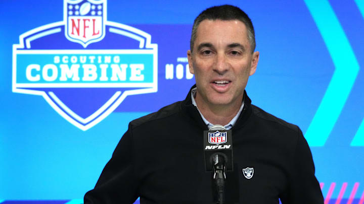 Feb 27, 2024; Indianapolis, IN, USA; Las Vegas Raiders general manager Tom Telesco during the NFL Scouting Combine at Indiana Convention Center. Mandatory Credit: Kirby Lee-Imagn Images