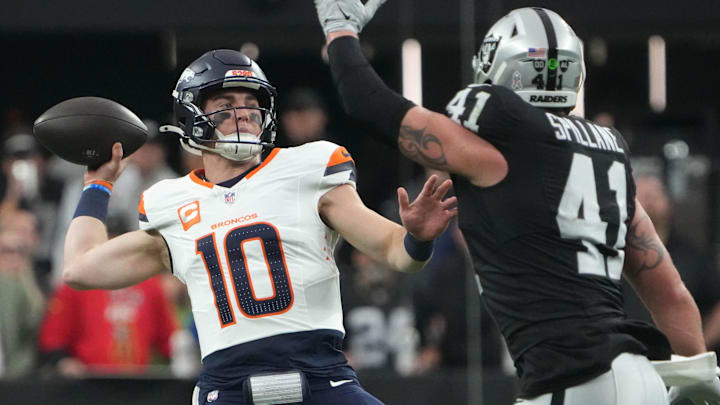 Nov 24, 2024; Paradise, Nevada, USA; Denver Broncos quarterback Bo Nix (10) throws the ball against Las Vegas Raiders linebacker Robert Spillane (41) in the first quarter at Allegiant Stadium. Mandatory Credit: Kirby Lee-Imagn Images
