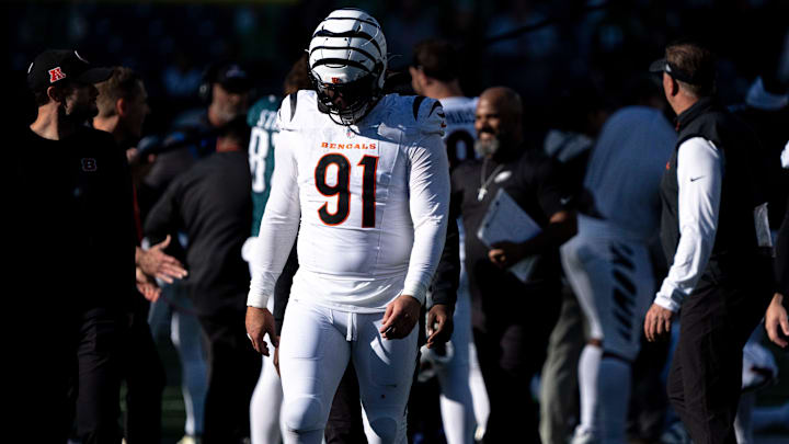 Cincinnati Bengals defensive end Trey Hendrickson (91) walks off the field after the Cincinnati Bengals lost the NFL game against the Philadelphia Eagles at Paycor Stadium in Cincinnati on Sunday, Oct. 27, 2024.