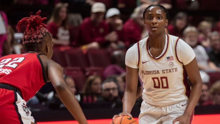 Florida State's Ta’Niya Latson takes the ball up the floor as the women’s basketball team takes on NC State at the Donald L. Tucker Civic Center Sunday, Feb. 9 2025.