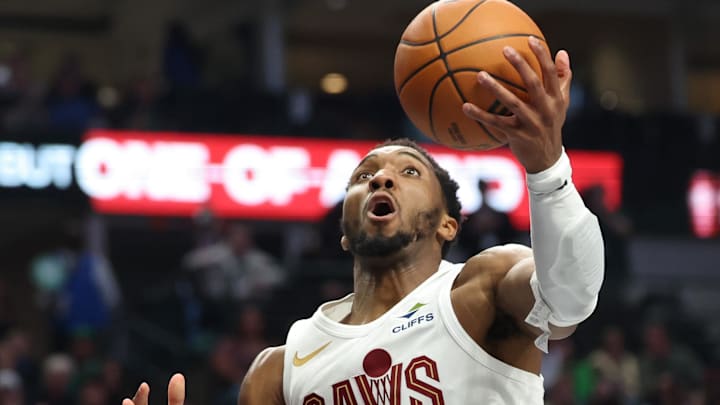 Mar 13, 2026; Dallas, Texas, USA;  Cleveland Cavaliers guard Donovan Mitchell (45) shoots during the first half against the Dallas Mavericks at American Airlines Center. Mandatory Credit: Kevin Jairaj-Imagn Images