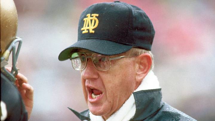 Oct 1988; South Bend, IN, ISA; FILE PHOTO; Notre Dame Irish head coach Lou Holtz during the 1988 season at Notre Dame Stadium. Oct 1988; South Bend, IN, ISA; FILE PHOTO; Notre Dame Irish head coach Lou Holtz during the 1988 season at Notre Dame Stadium.
