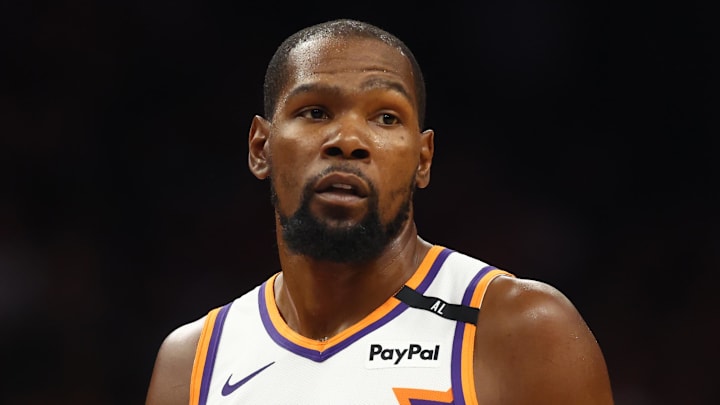 Phoenix Suns forward Kevin Durant reacts to a play.