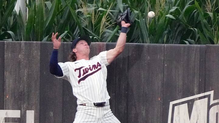 Minnesota Twins right fielder Luke Keaschall (15) loses a home run over the fence during a baseball game between the Philadelphia Phillies and the Minnesota Twins at the Field of Dreams, Thursday, Aug. 13, 2026, in Dyersville, Iowa. Minnesota Twins right fielder Luke Keaschall (15) loses a home run over the fence during a baseball game between the Philadelphia Phillies and the Minnesota Twins at the Field of Dreams, Thursday, Aug. 13, 2026, in Dyersville, Iowa.