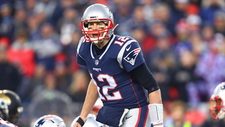 Jan 21, 2018; Foxborough, MA, USA; New England Patriots quarterback Tom Brady (12) against the Jacksonville Jaguars during the AFC Championship at Gillette Stadium. Mandatory Credit: Mark J. Rebilas-Imagn Images Jan 21, 2018; Foxborough, MA, USA; New England Patriots quarterback Tom Brady (12) against the Jacksonville Jaguars during the AFC Championship at Gillette Stadium. Mandatory Credit: Mark J. Rebilas-Imagn Images