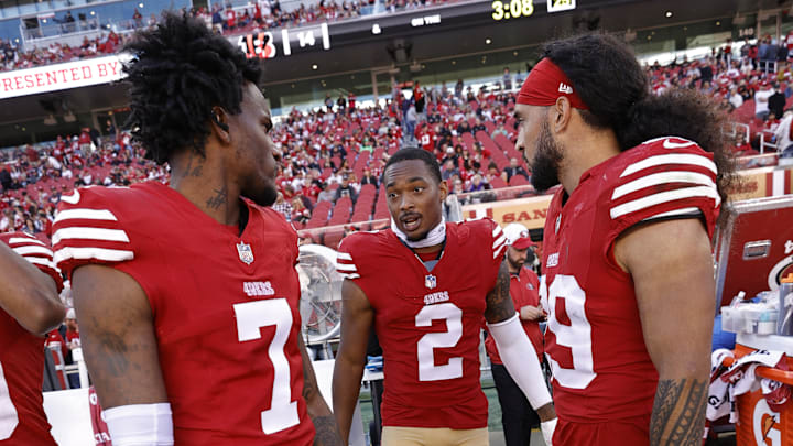 San Francisco 49ers defensive backs Charvarius Ward (L), Deommodore Lenoir (C) and Talanoa Hufanga (R)