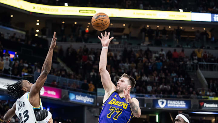 Luka Doncic takes a floater against the Indiana Pacers. Luka Doncic takes a floater against the Indiana Pacers.