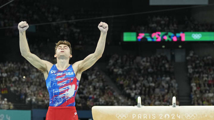 USA gymnast Stephen Nedoroscik reacts after performing on the pommel horse during the Paris 2024 Olympic Summer Games at Bercy Arena. USA gymnast Stephen Nedoroscik reacts after performing on the pommel horse during the Paris 2024 Olympic Summer Games at Bercy Arena.