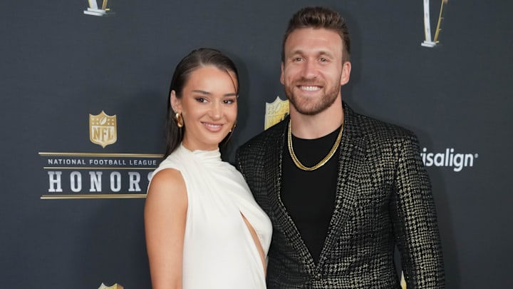 Feb 6, 2025; New Orleans, LA, USA;  Kyle Juszczyk and his wife Kristin Juszczyk on the red carpet before Super Bowl LIX NFL Honors at Saenger Theatre.