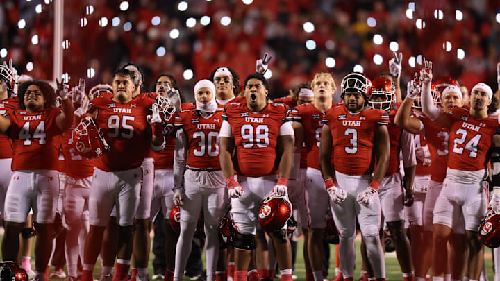 Oct 11, 2025; Salt Lake City, Utah, USA; The Utah Utes celebrate a moment of loudness between the third and fourth quarter of the game against the Arizona State Sun Devils at Rice-Eccles Stadium. 