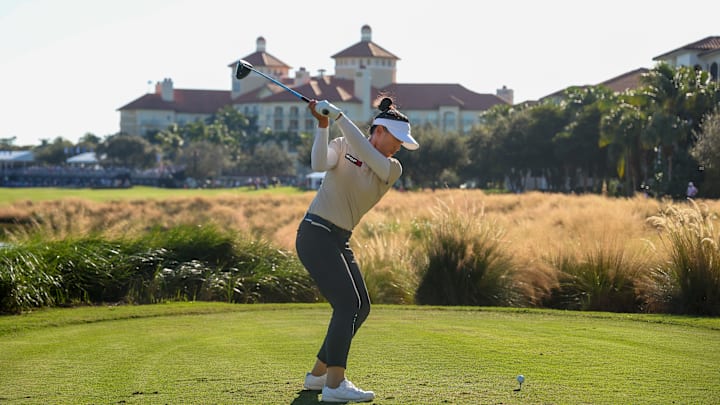 Amy Yang tees off in the final round of the 2023 CME Group Tour Championship on Tiburon Golf Club's Black Course.