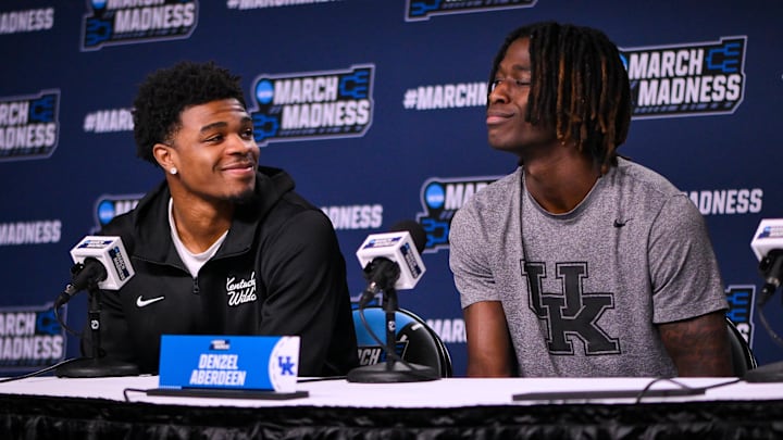 Mar 19, 2026; St. Louis, MO, USA; Kentucky Wildcats guard Otega Oweh (00) and guard Denzel Aberdeen (1) talk with the media during a practice session ahead of the first round of the men's 2026 NCAA Tournament at Enterprise Center. Mandatory Credit: Jeff Curry-Imagn Images