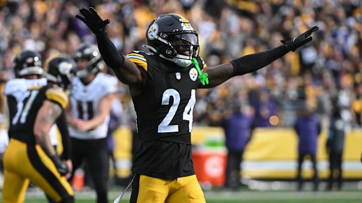 Nov 17, 2024; Pittsburgh, Pennsylvania, USA; Pittsburgh Steelers cornerback Joey Porter Jr. (24) celebrates a missed field goal against the Baltimore Ravens during the first quarter at Acrisure Stadium. Mandatory Credit: Barry Reeger-Imagn Images