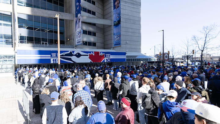 Mar 27, 2026; Toronto, Ontario, CAN; Fans wait in line before the Opening Day game between the Athletics and Toronto Blue Jays at Rogers Centre. Mandatory Credit: Nick Turchiaro-Imagn Images