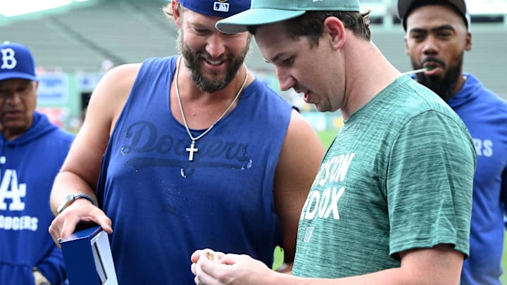 Jul 25, 2025; Boston, Massachusetts, USA; Boston Red Sox starting pitcher Walker Buehler (0) receives his 2024 Los Angeles Dodgers World Series ring before a game at Fenway Park. Mandatory Credit: Brian Fluharty-Imagn Images