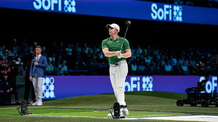 Rory McIlroy of Boston Common tees off during a TGL match against Los Angeles Golf Club at the SoFi Center in Palm Beach Gardens, Fla.