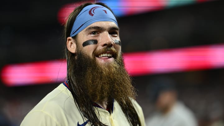 Oct 6, 2024; Philadelphia, Pennsylvania, USA;Philadelphia Phillies outfielder Brandon Marsh (16) reacts after the game against the New York Mets during game two of the NLDS for the 2024 MLB Playoffs at Citizens Bank Park