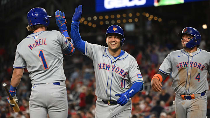 Jul 1, 2024; Washington, District of Columbia, USA; New York Mets second baseman Jose Iglesias (11) celebrates with second baseman Jeff McNeil (1) after hitting a home run against the Washington Nationals during the tenth inning at Nationals Park. Mandatory Credit: Rafael Suanes-USA TODAY Sports Jul 1, 2024; Washington, District of Columbia, USA; New York Mets second baseman Jose Iglesias (11) celebrates with second baseman Jeff McNeil (1) after hitting a home run against the Washington Nationals during the tenth inning at Nationals Park. Mandatory Credit: Rafael Suanes-USA TODAY Sports