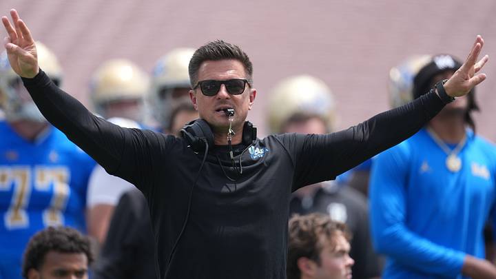 May 2, 2026; Pasadena, CA, USA; UCLA Bruins coach Bob Chesney reacts during the spring game at Rose Bowl. Mandatory Credit: Kirby Lee-Imagn Images May 2, 2026; Pasadena, CA, USA; UCLA Bruins coach Bob Chesney reacts during the spring game at Rose Bowl. Mandatory Credit: Kirby Lee-Imagn Images