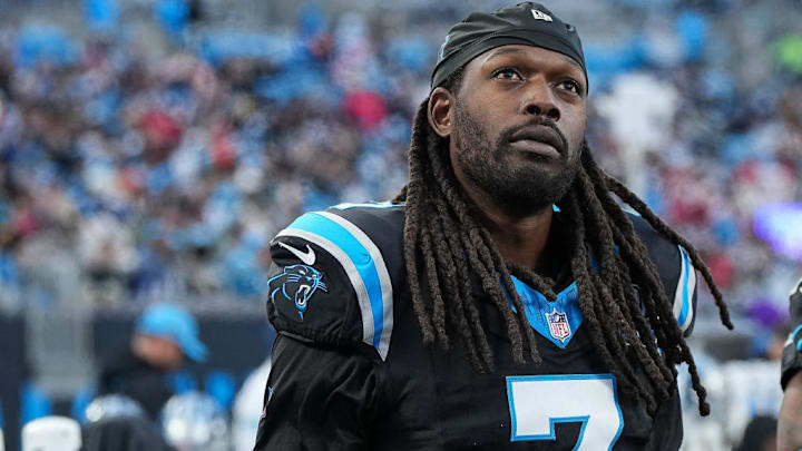 CHARLOTTE, NORTH CAROLINA - DECEMBER 01: Jadeveon Clowney #7 of the Carolina Panthers looks on during the first quarter of his game against the Tampa Bay Buccaneers at Bank of America Stadium on December 01, 2024 in Charlotte, North Carolina.