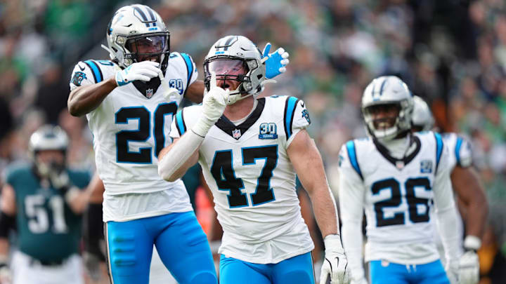 PHILADELPHIA, PA - DECEMBER 08: Carolina Panthers linebacker Josey Jewell (47) reacts in the first half during the game between the Carolina Panthers and Philadelphia Eagles on December 08, 2024 at Lincoln Financial Field in Philadelphia, PA.