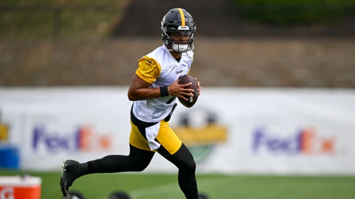 Pittsburgh Steelers quarterback Justin Fields at training camp. Pittsburgh Steelers quarterback Justin Fields at training camp.