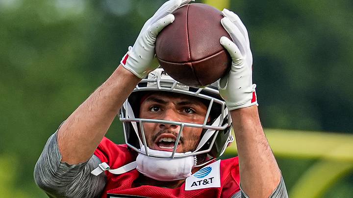 Jul 29, 2026; Atlanta, Falcons, USA; Atlanta Falcons wide receiver Drake London (5) catches a pass during the first day of training camp at IBM Performance Field. Mandatory Credit: Dale Zanine-Imagn Images