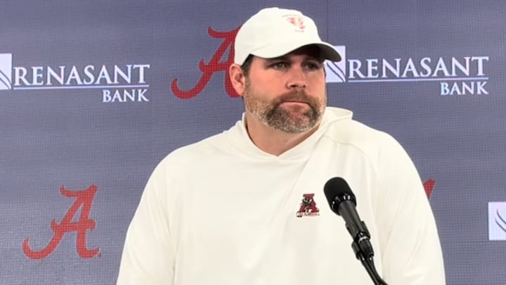 Alabama defensive coordinator Kane Wommack at Monday press conference before South Carolina Alabama defensive coordinator Kane Wommack at Monday press conference before South Carolina