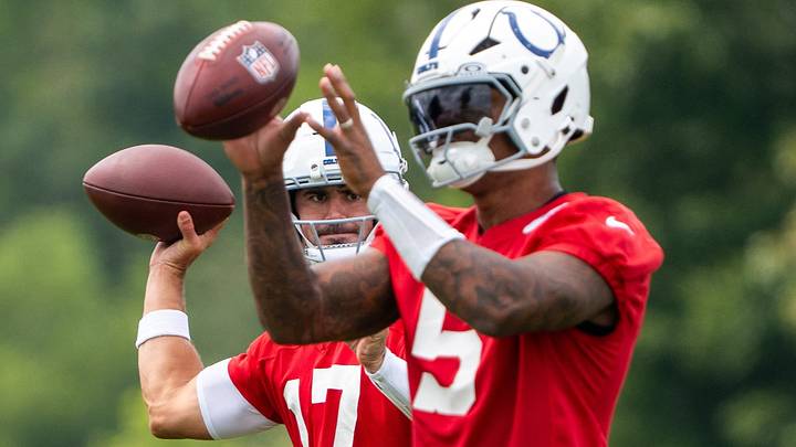 Indianapolis Colts quarterback Daniel Jones (17) passes the ball during a drill Wednesday, Aug. 26, 2026, during practice at Indiana Farm Bureau Football Center. Indianapolis Colts quarterback Daniel Jones (17) passes the ball during a drill Wednesday, Aug. 26, 2026, during practice at Indiana Farm Bureau Football Center.