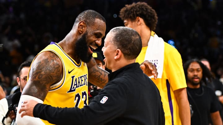 Nov 1, 2023; Los Angeles, California, USA: Los Angeles Lakers forward LeBron James (23) embraces head coach Tyronn Lue of the LA Clippers after the Lakers won during overtime at Crypto.com Arena. Mandatory Credit: Jonathan Hui-Imagn Images Nov 1, 2023; Los Angeles, California, USA: Los Angeles Lakers forward LeBron James (23) embraces head coach Tyronn Lue of the LA Clippers after the Lakers won during overtime at Crypto.com Arena. Mandatory Credit: Jonathan Hui-Imagn Images
