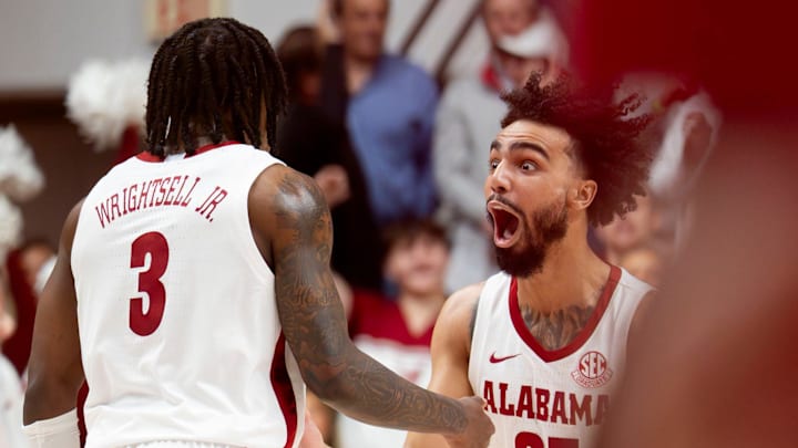 Feb 4, 2026; Tuscaloosa, AL, USA; Alabama guard Houston Mallette (95) reacts to a three point shot made by Alabama guard Latrell Wrightsell Jr. (3) during the game with Texas A&M at Coleman Coliseum. Mandatory Credit: Gary Cosby Jr.-Tuscaloosa News