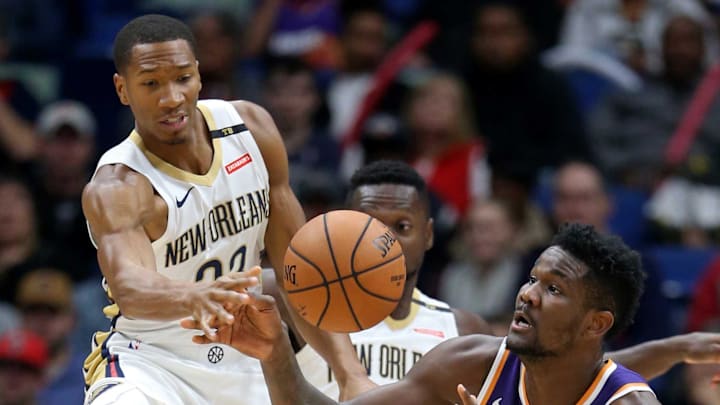 Nov 10, 2018; New Orleans, LA, USA; New Orleans Pelicans forward Wesley Johnson (33) and Phoenix Suns center Deandre Ayton (22) vie for the ball in the first quarter at the Smoothie King Center. Nov 10, 2018; New Orleans, LA, USA; New Orleans Pelicans forward Wesley Johnson (33) and Phoenix Suns center Deandre Ayton (22) vie for the ball in the first quarter at the Smoothie King Center.