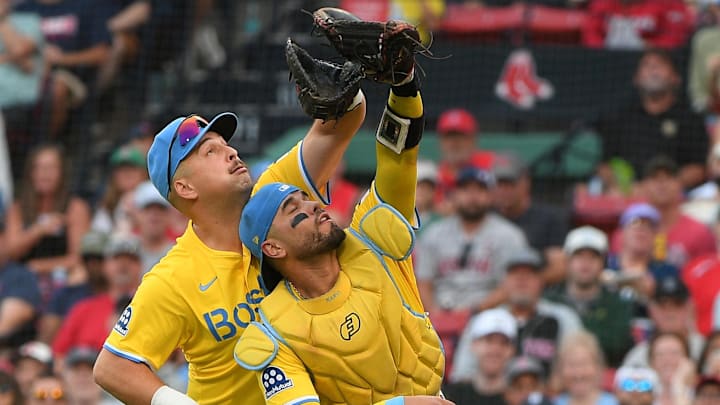 Sep 27, 2025; Boston, Massachusetts, USA; Boston Red Sox first baseman Nathaniel Lowe (37) and catcher Carlos Narvaez (75) track down a popup during the fifth inning against the Detroit Tigers at Fenway Park. Mandatory Credit: Bob DeChiara-Imagn Images