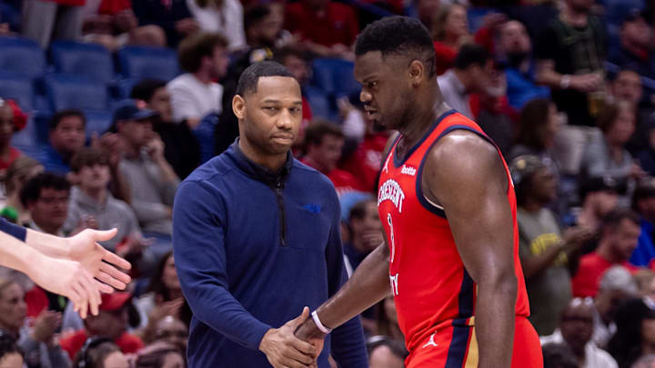 Apr 16, 2024; New Orleans, Louisiana, USA; New Orleans Pelicans forward Zion Williamson (1) reacts with New Orleans Pelicans head coach Willie Green on a time out in the first half against the Los Angeles Lakers during a play-in game of the 2024 NBA playoffs against the New Orleans Pelicans at Smoothie King Center. Mandatory Credit: Stephen Lew-Imagn Images