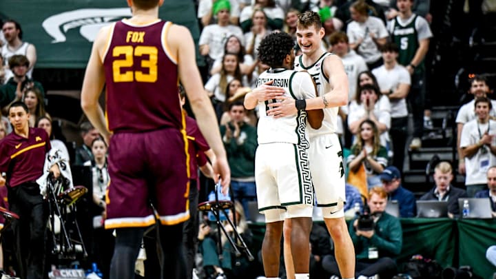 Michigan State's Carson Cooper, right, celebrates with Jase Richardson after Cooper's dunk against Minnesota during the second half on Tuesday, Jan. 28, 2025, at the Breslin Center in East Lansing.