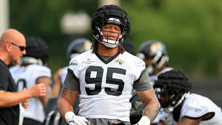 Jacksonville Jaguars defensive end Roy Robertson-Harris (95) finishes a drill during the third day of an NFL football training camp practice Friday, July 26, 2024 at EverBank Stadium’s Miller Electric Center in Jacksonville, Fla.