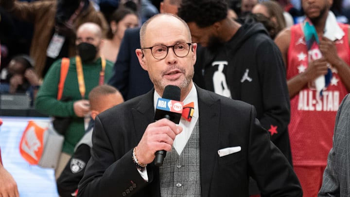 February 20, 2022; Cleveland, Ohio, USA; TNT broadcaster Ernie Johnson Jr. after the 2022 NBA All-Star Game at Rocket Mortgage FieldHouse.