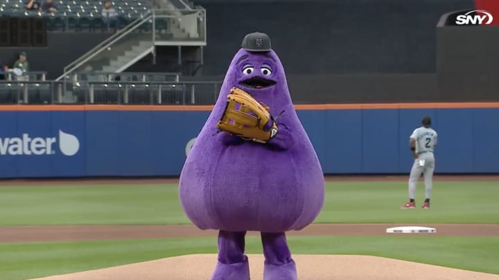 Grimace threw out the ceremonial first pitch at the Mets game on Wednesday, June 12, 2024. 