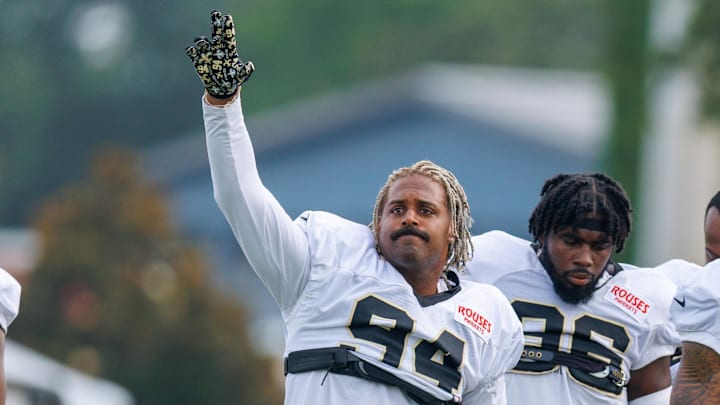 Jul 30, 2025; New Orleans, LA, USA; New Orleans Saints defensive end Cameron Jordan (94) during training camp at Ochsner Sports Performance Center. Mandatory Credit: Stephen Lew-Imagn Images