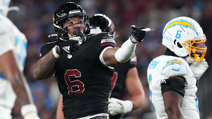 Arizona Cardinals running back James Conner (6) signals his own first down during their 17-15 win over the Los Angeles Chargers at State Farm Stadium in Glendale on Oct. 21, 2024. Arizona Cardinals running back James Conner (6) signals his own first down during their 17-15 win over the Los Angeles Chargers at State Farm Stadium in Glendale on Oct. 21, 2024.