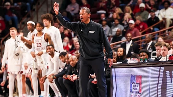 Jan 25, 2025; Columbia, South Carolina, USA; South Carolina Gamecocks head coach Lamont Paris directs his team against the Mississippi State Bulldogs in the second half at Colonial Life Arena. Mandatory Credit: Jeff Blake-Imagn Images Jan 25, 2025; Columbia, South Carolina, USA; South Carolina Gamecocks head coach Lamont Paris directs his team against the Mississippi State Bulldogs in the second half at Colonial Life Arena. Mandatory Credit: Jeff Blake-Imagn Images