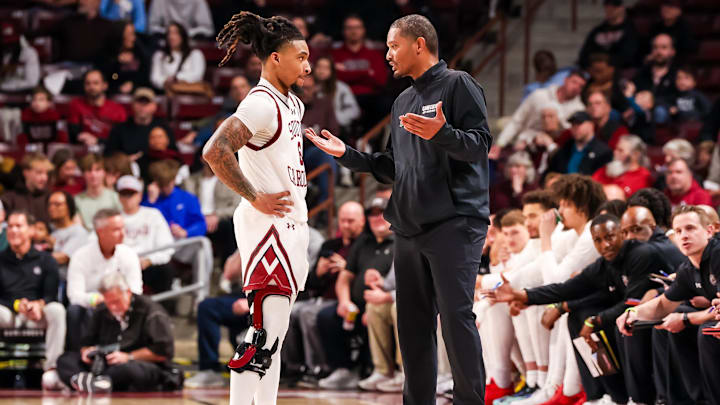 Jan 25, 2025; Columbia, South Carolina, USA; South Carolina Gamecocks head coach Lamont Paris speaks with guard Jamarii Thomas (6) in the first half at Colonial Life Arena. Mandatory Credit: Jeff Blake-Imagn Images